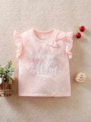 Baby Girls Love You Mom Ruffle Sleeve Bowknot Round Neck T shirt Clothes