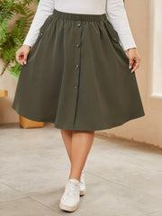 Solid Elastic Button Decor High Rise Knee Length Skirt