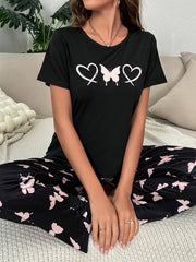 Butterfly & Heart Print Pajama Set Short Sleeve Top & Pants