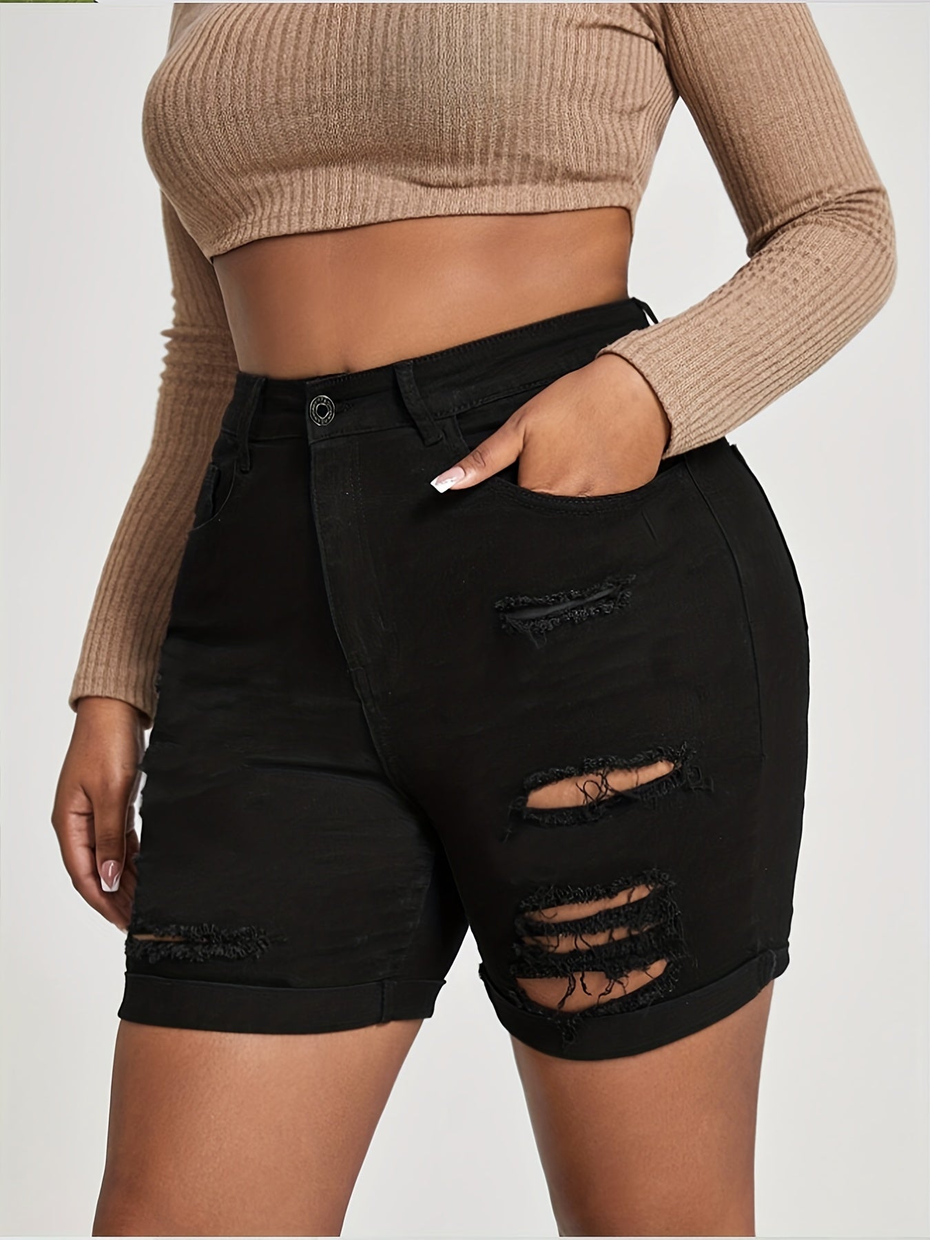 Casual Denim Shorts Women's Plus Solid Ripped Button Fly Denim Shorts