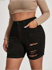 Casual Denim Shorts Women's Plus Solid Ripped Button Fly Denim Shorts