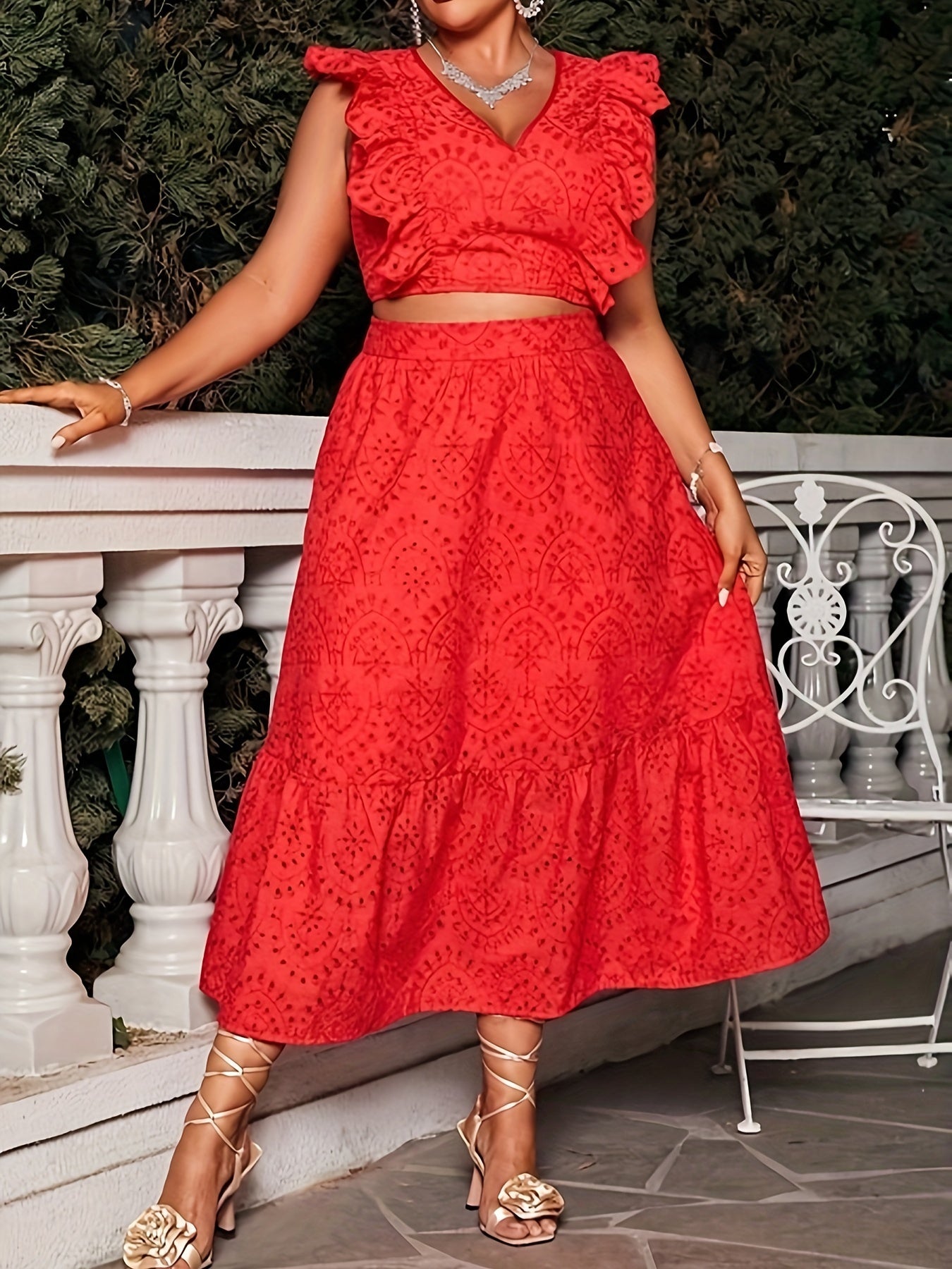 Solid Eyelet Embroidery Sleeve Top & Maxi Skirt Set