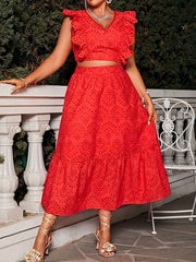 Solid Eyelet Embroidery Sleeve Top & Maxi Skirt Set