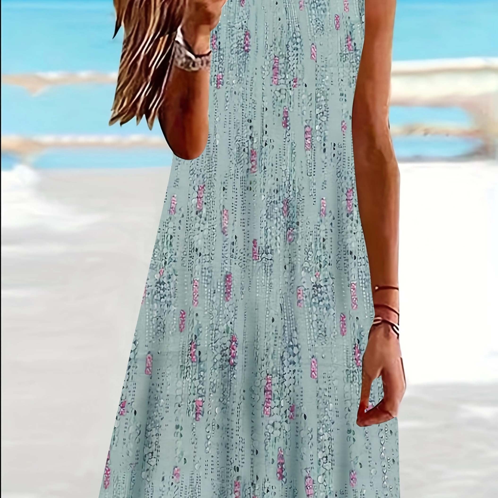 Casual Tank Dress Allover Print Round Neck Slight Stretch
