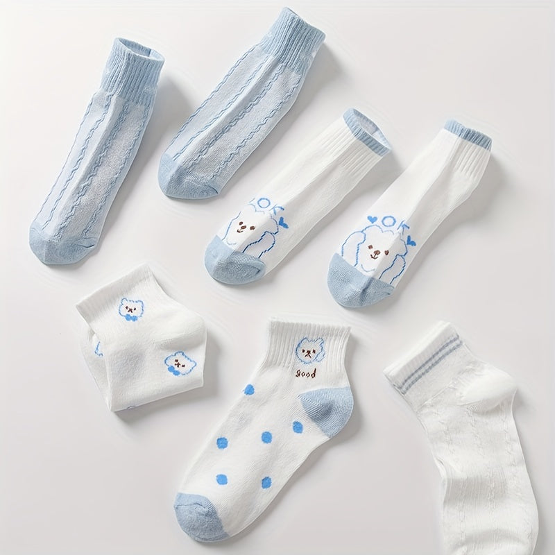 5 Pairs Cartoon Bear Print Socks Women's Crew Short Stockings