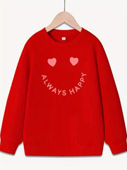 Girls Creative Slogan Smile Print Long Sleeve Crew Neck Sweatshirt Top Pullovers