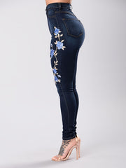 Floral Embroidery Skinny Jeans Zipper Button Medium Stretch Denim Pants