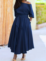 Solid Bubble Sleeve Maxi Dress With Belt