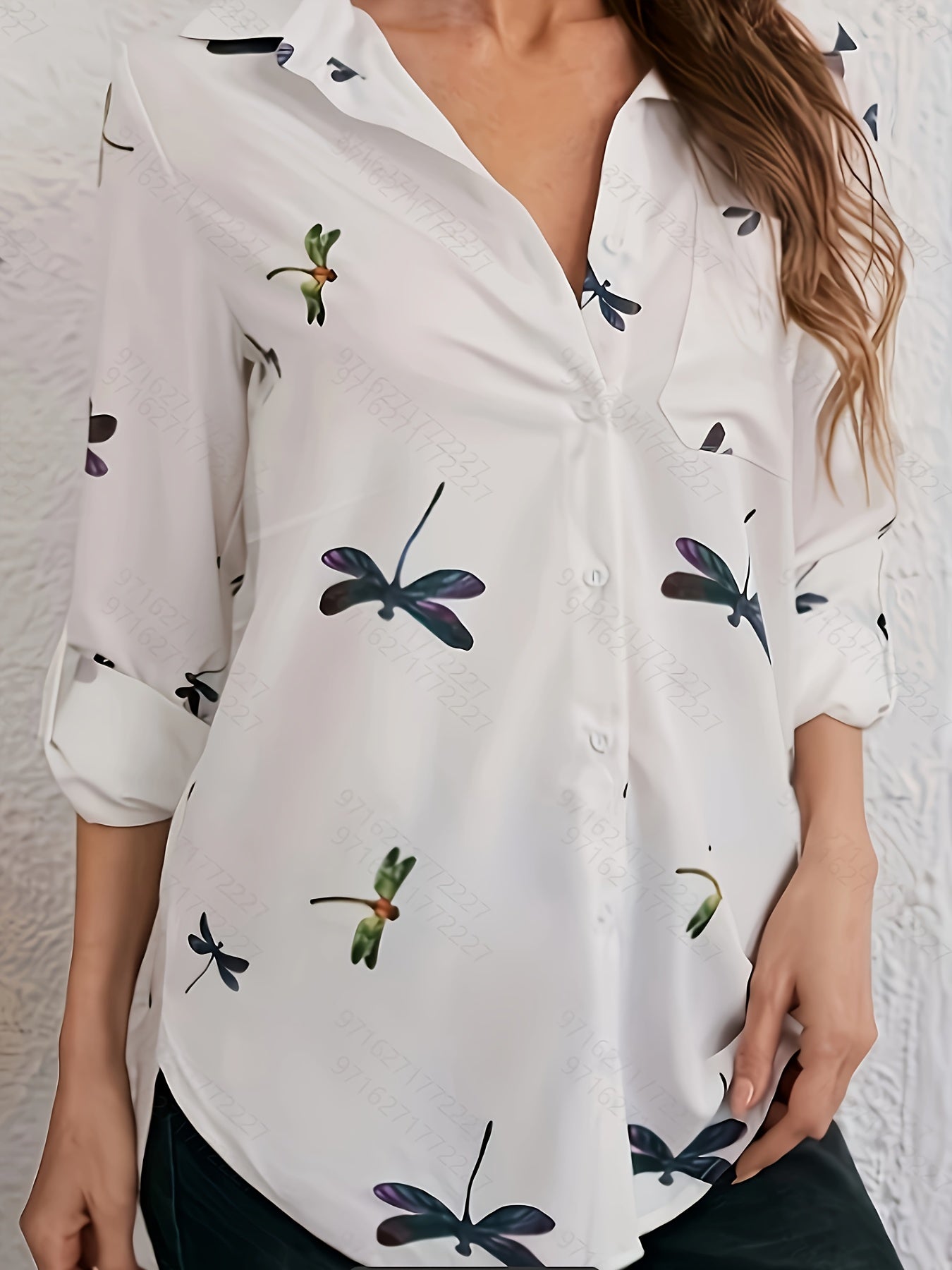 Dragonfly Print Button Up Roll Up Sleeve Blouse