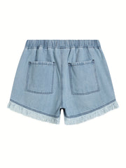 Casual Denim Shorts Women's Plus Solid Raw Trim Elastic Waist