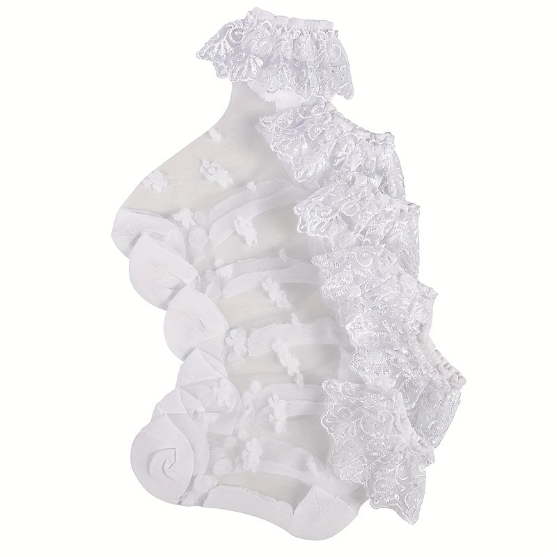 3Pairs Girls Mesh Lace Ruffle Tube Socks - Princess Crystal Breathable Socks