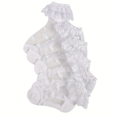 3Pairs Girls Mesh Lace Ruffle Tube Socks - Princess Crystal Breathable Socks