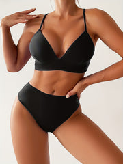 Solid V Neck Bikini Set Spaghetti Straps High Stretch Two Pieces Swimsuit