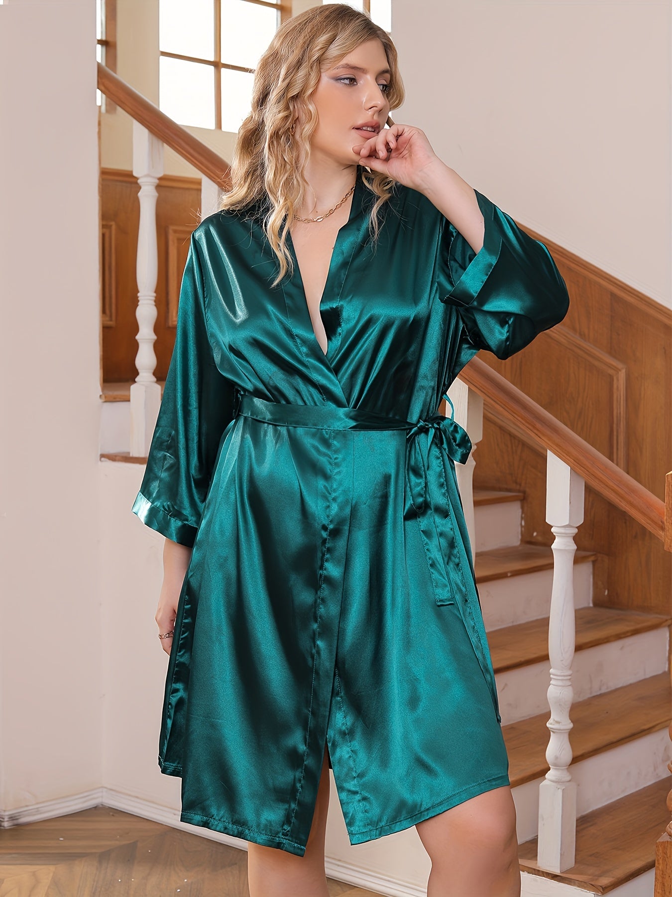 Satin Three Quarter Sleeve Belted Robe