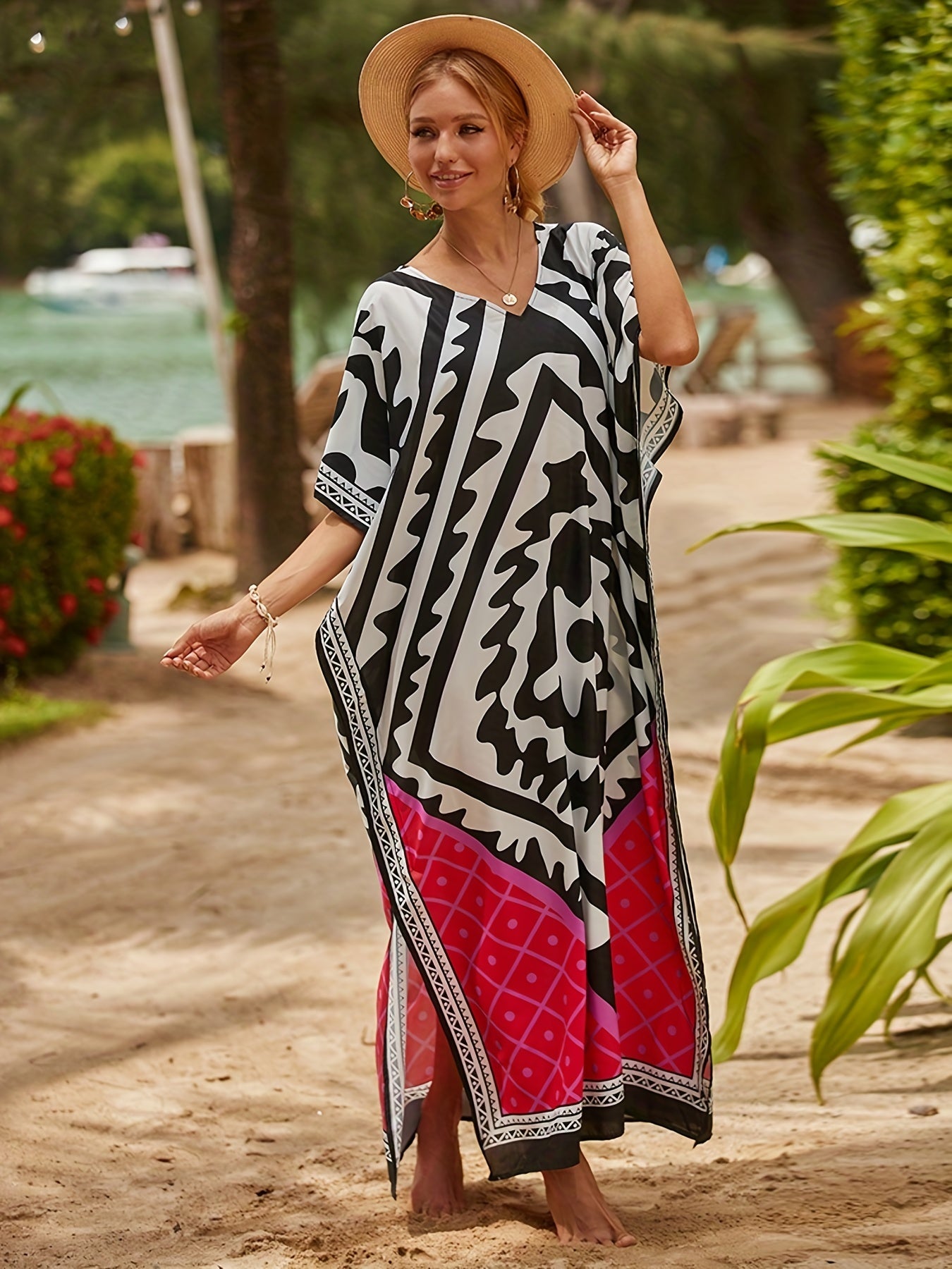 Women's Boho Tribal Print V Neck Cover Up Dress
