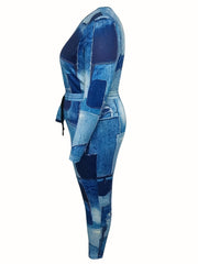 Denim Print Long Sleeve Crop Top & Leggings Set