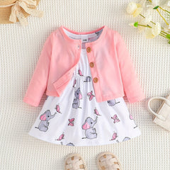 2pcs Baby Girls Cardigan & Elephant Dress Set