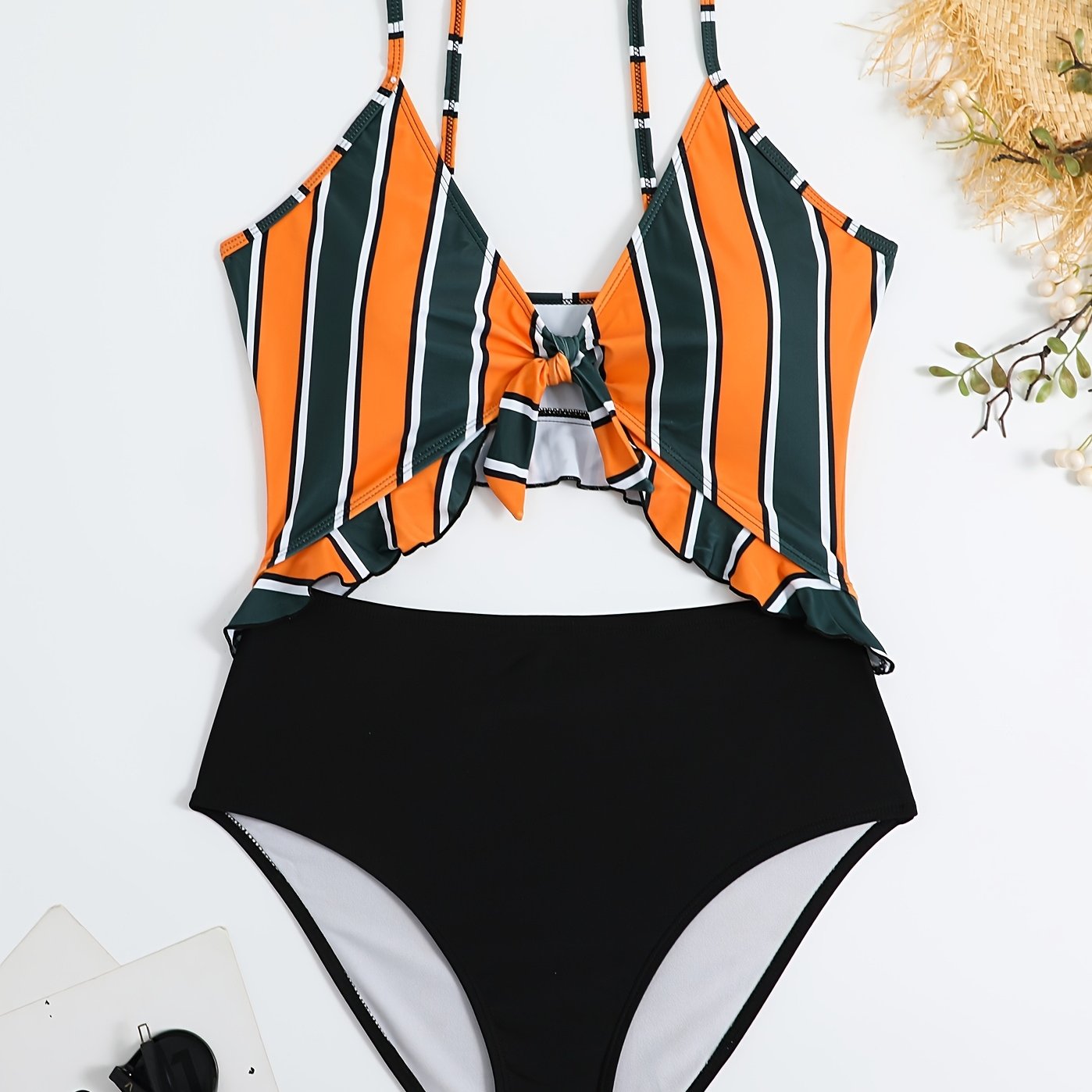 Colorblock Ruffle Trim Cut Out One Piece Swimsuit Women's Plus