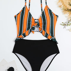 Colorblock Ruffle Trim Cut Out One Piece Swimsuit Women's Plus
