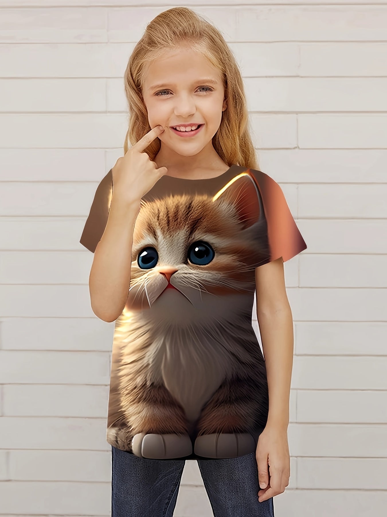 Sweet Cat Graphic Short Sleeve T shirt for Girls Summer Gift