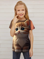 Sweet Cat Graphic Short Sleeve T shirt for Girls Summer Gift