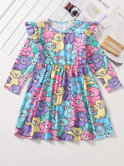 Girls Kitty Ruffle Long Sleeve Dress for Spring and Autumn