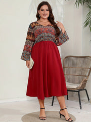 Colorblock Tribal Print Long Sleeve V Neck Maxi Dress