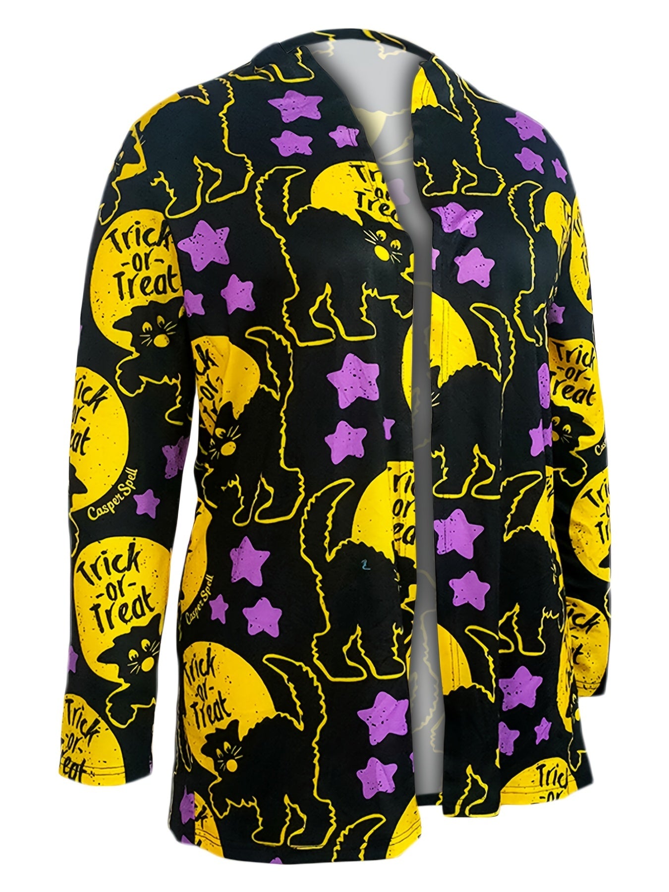 Pumpkin & Cat Print Cardigan, Long Sleeve Open Front