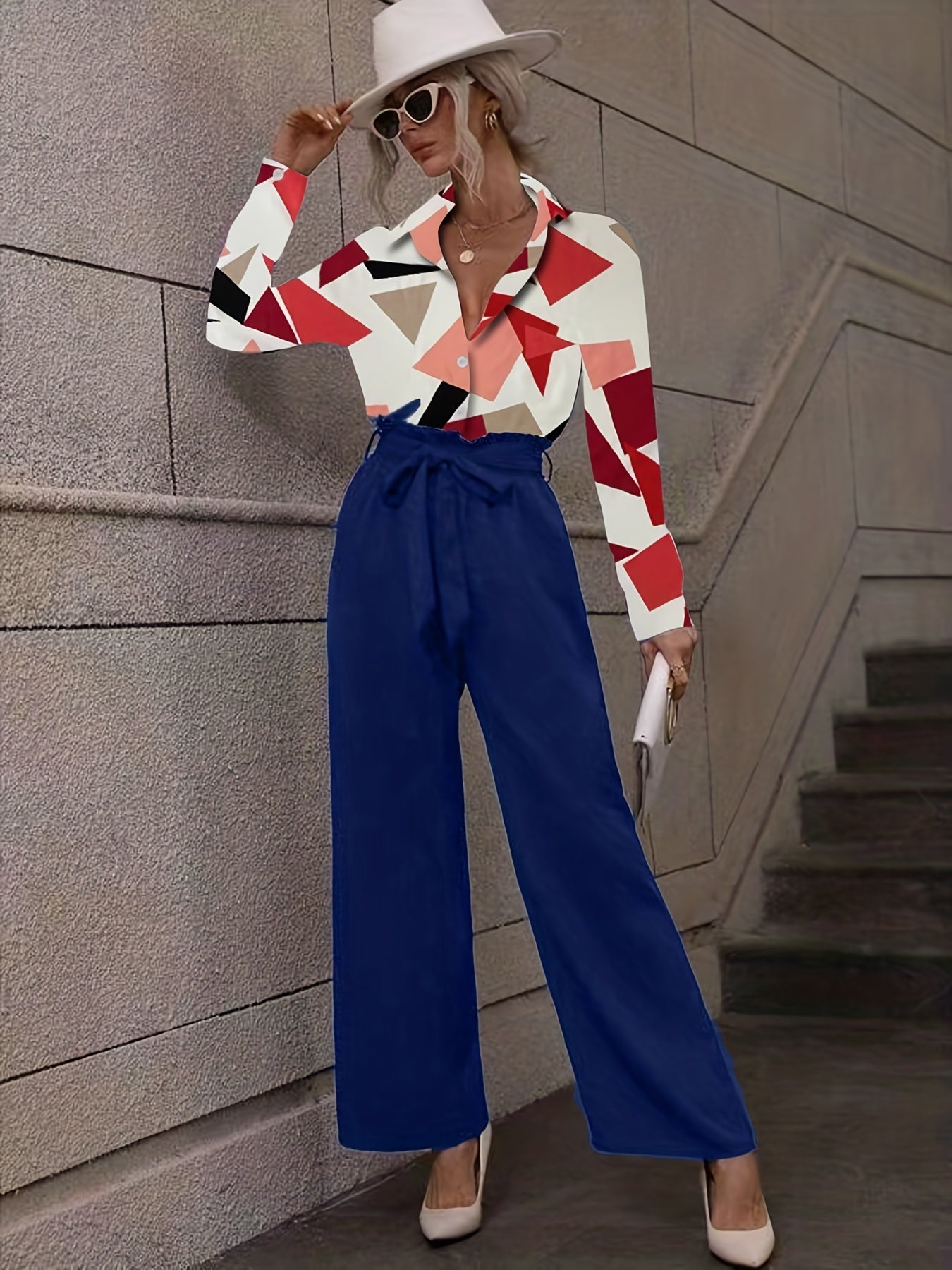 Geo Print Button Shirt & Wide Leg Pants Set