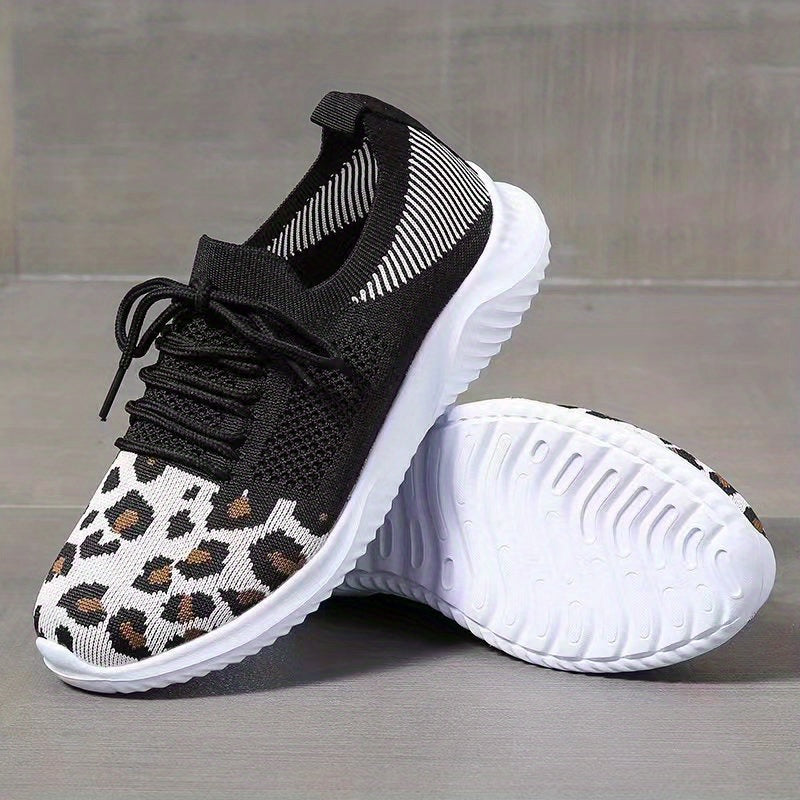 Leopard Printed Mesh Sneakers Lace Up Casual Shoes