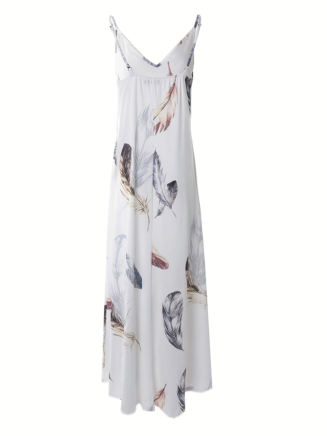 Feather Print Backless V Neck Maxi Cami Dress
