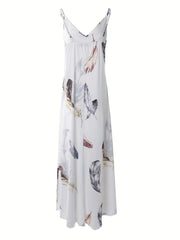 Feather Print Backless V Neck Maxi Cami Dress