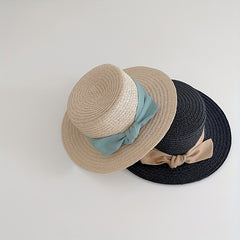 Kids Straw Hat Bowtie Decor Flat Beach Sun Hat