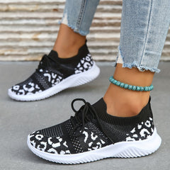 Women's Leopard Print Knit Sports Shoes Breathable Running Sneakers