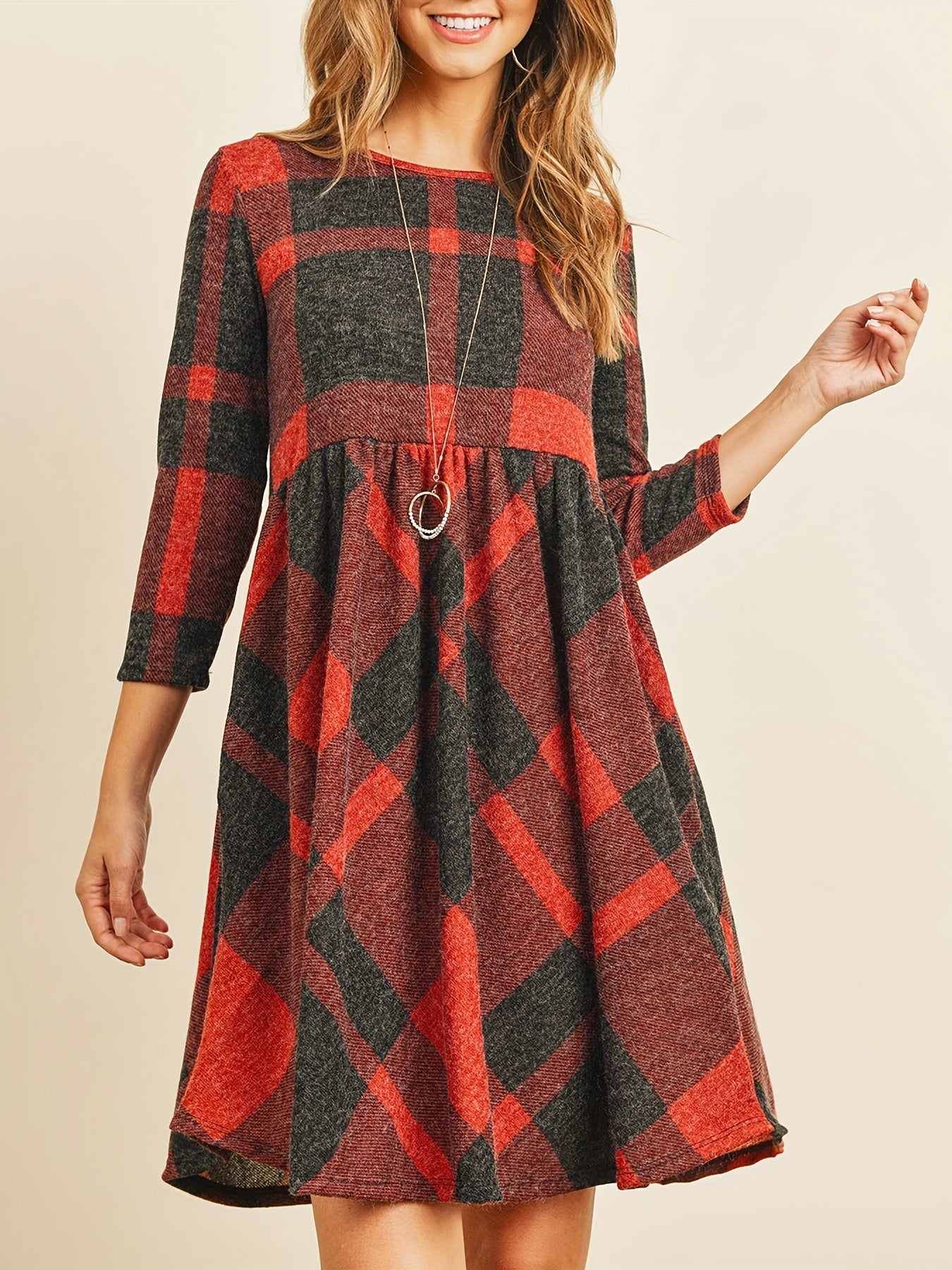 Plaid Print 3 4 Sleeve Dress Casual Vintage Crew Neck Dress Women's Clothing