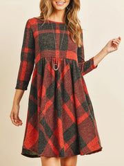 Plaid Print 3 4 Sleeve Dress Casual Vintage Crew Neck Dress Women's Clothing
