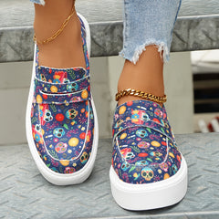 Skull & Flower Print Slip-On Sneakers for Women