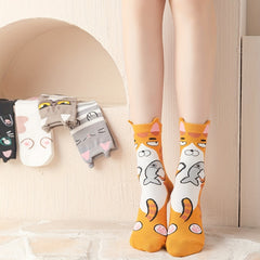 Girls Cartoon Graffiti Cats Pattern Crew Socks Pack of 5