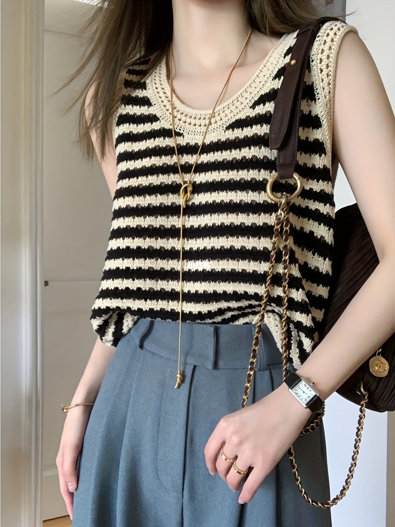 Striped Cut Out Tank Top Casual Sleeveless Knitted Top