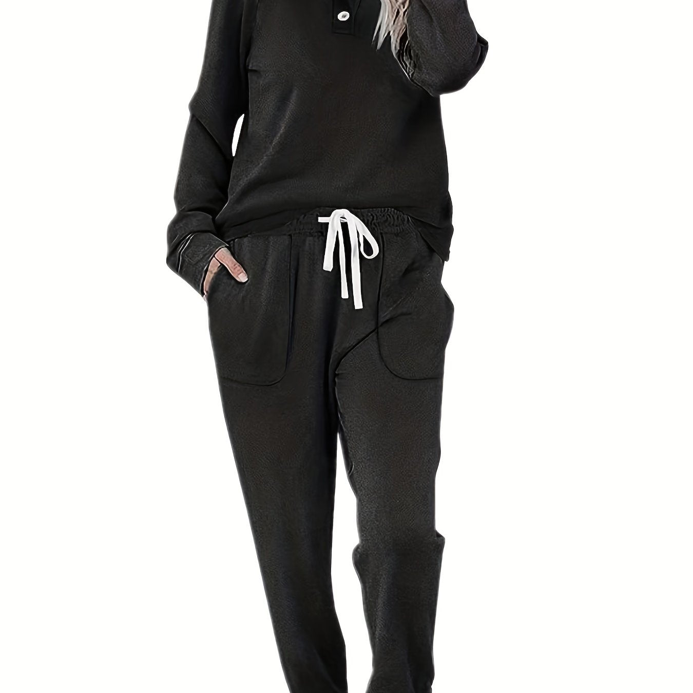 Solid Button Decor Raglan Sleeve Top & Jogger Pants Set