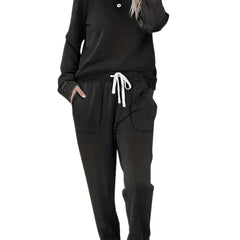 Solid Button Decor Raglan Sleeve Top & Jogger Pants Set