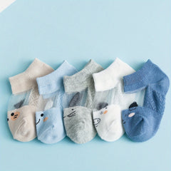 5 Pairs Boy's Cartoon Animal Thin Crew Socks Cotton Blend Comfy Casual Style