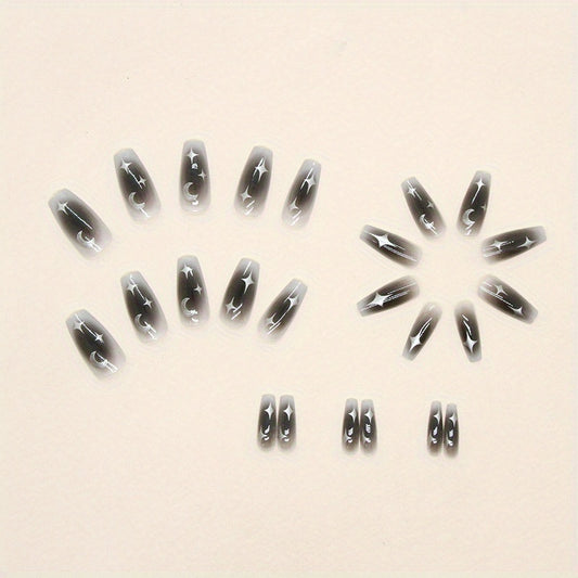 24 pcs Moon & Star French Tip Press On Nails Medium Square Acrylic False Nails