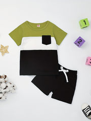 2pcs Baby Boys Block Pocket Patched T shirt & Shorts Set Clothes