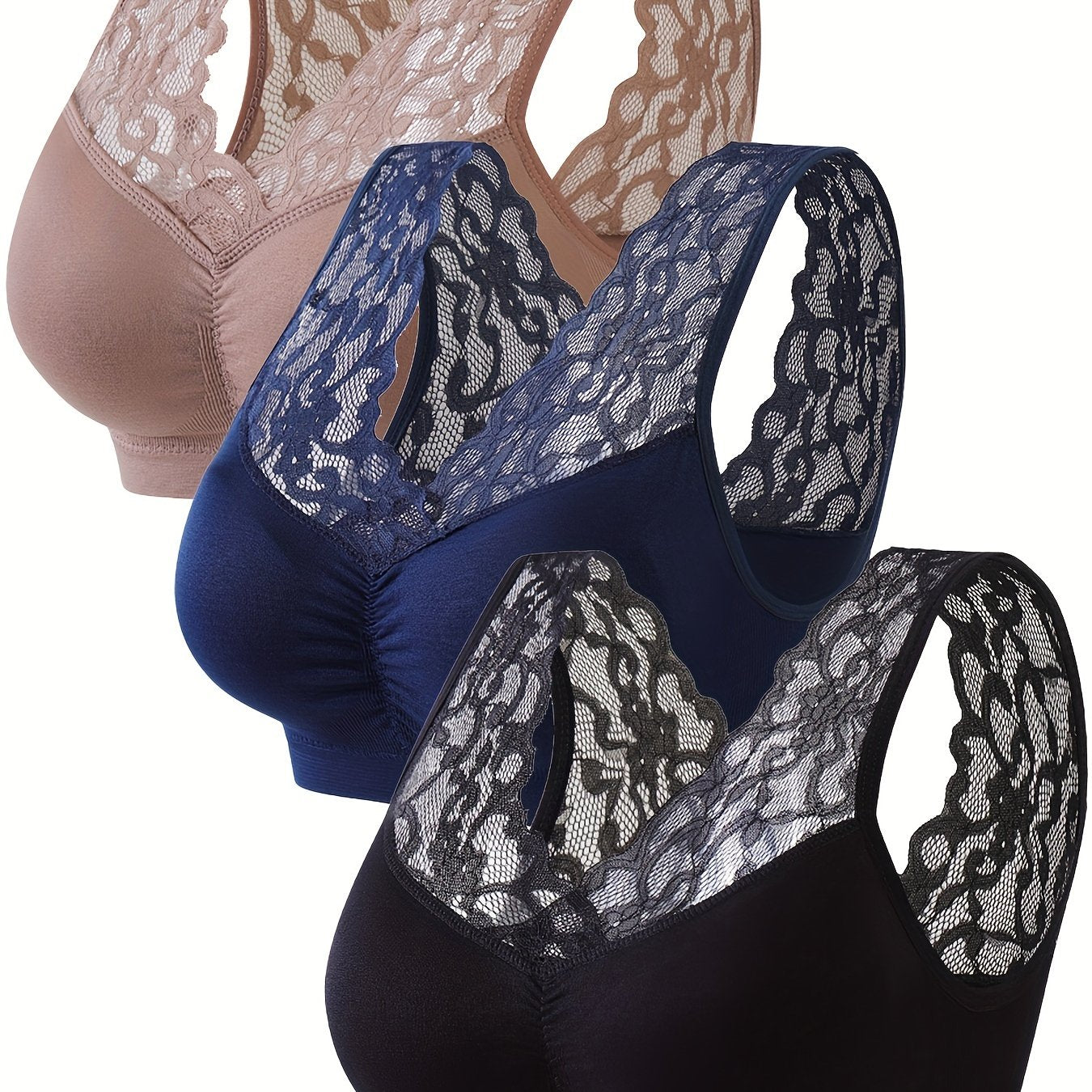 3 Pack Plus Size Lace Wireless Ruched Fitness Bra Set