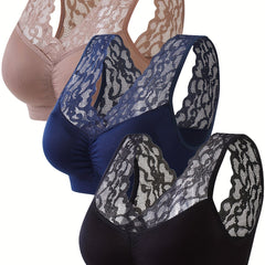 3 Pack Plus Size Lace Wireless Ruched Fitness Bra Set