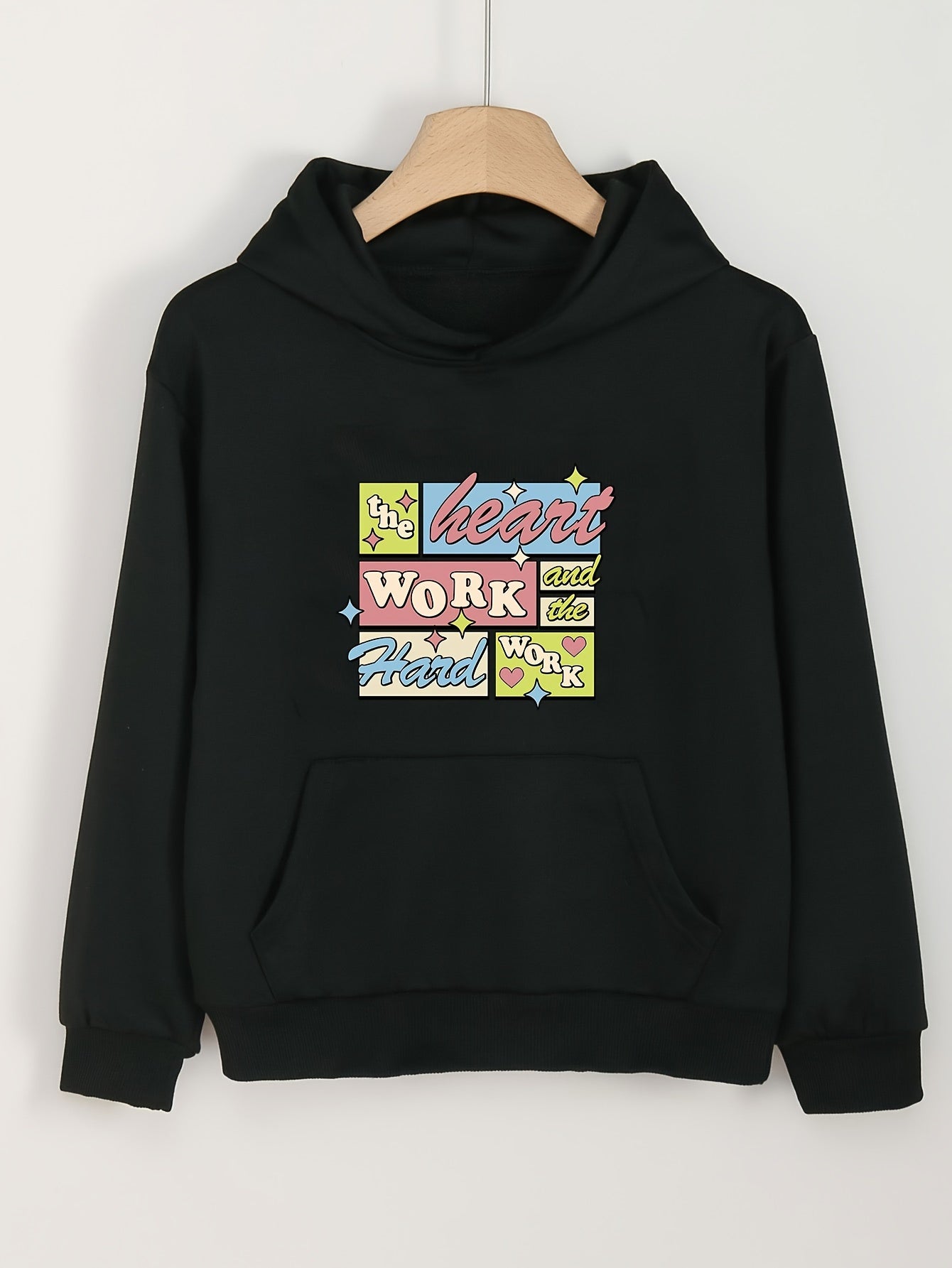 Girls Heart & Hard Work Print Hoodie Comfy Pullover Spring Fall Gift