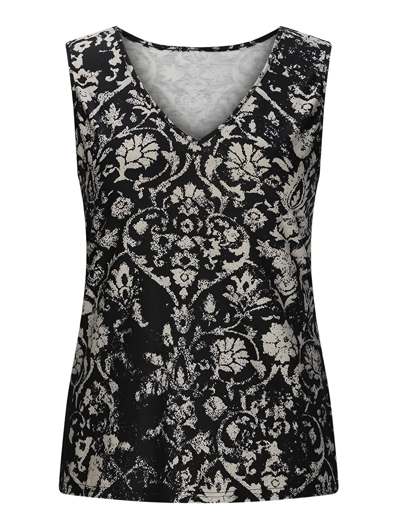 Casual Tank Top Women's Plus Random Print V Neck Slight Stretch