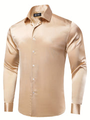 Men's Silk Button Down Long Sleeve Shirt for Wedding or Regular Fit