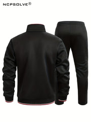 2pcs Men's Striped Stand Collar Sports Suit & Active Pants
